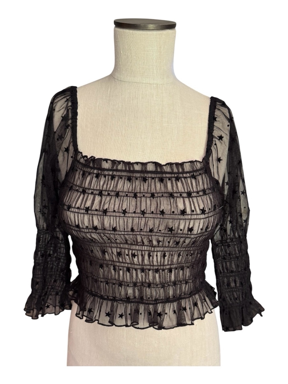 LE LIS Mesh Sheer Smocked Black Ruffled Square Neck Embroidered Layering Top S